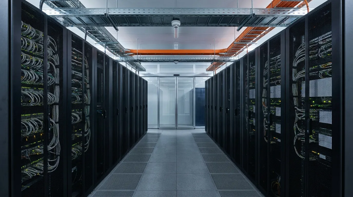 Cold aisle in a data centre, server racks with status LEDs and perforated floor tiles running to a containment door